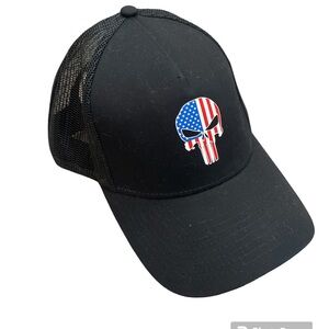 Punisher Trucker SnapBack Hat American Flag Skull Patriotic Black